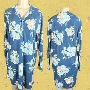 Karen Neuberger L Teal Floral Long Sleeve Henley Neckline Nightgown Sleepshirt
